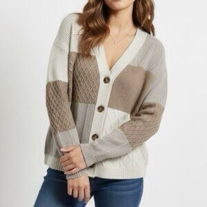 J Jill Women’s Medium Tan Cream Cable Knit Cardigan Patchwork Sweater Neutral S